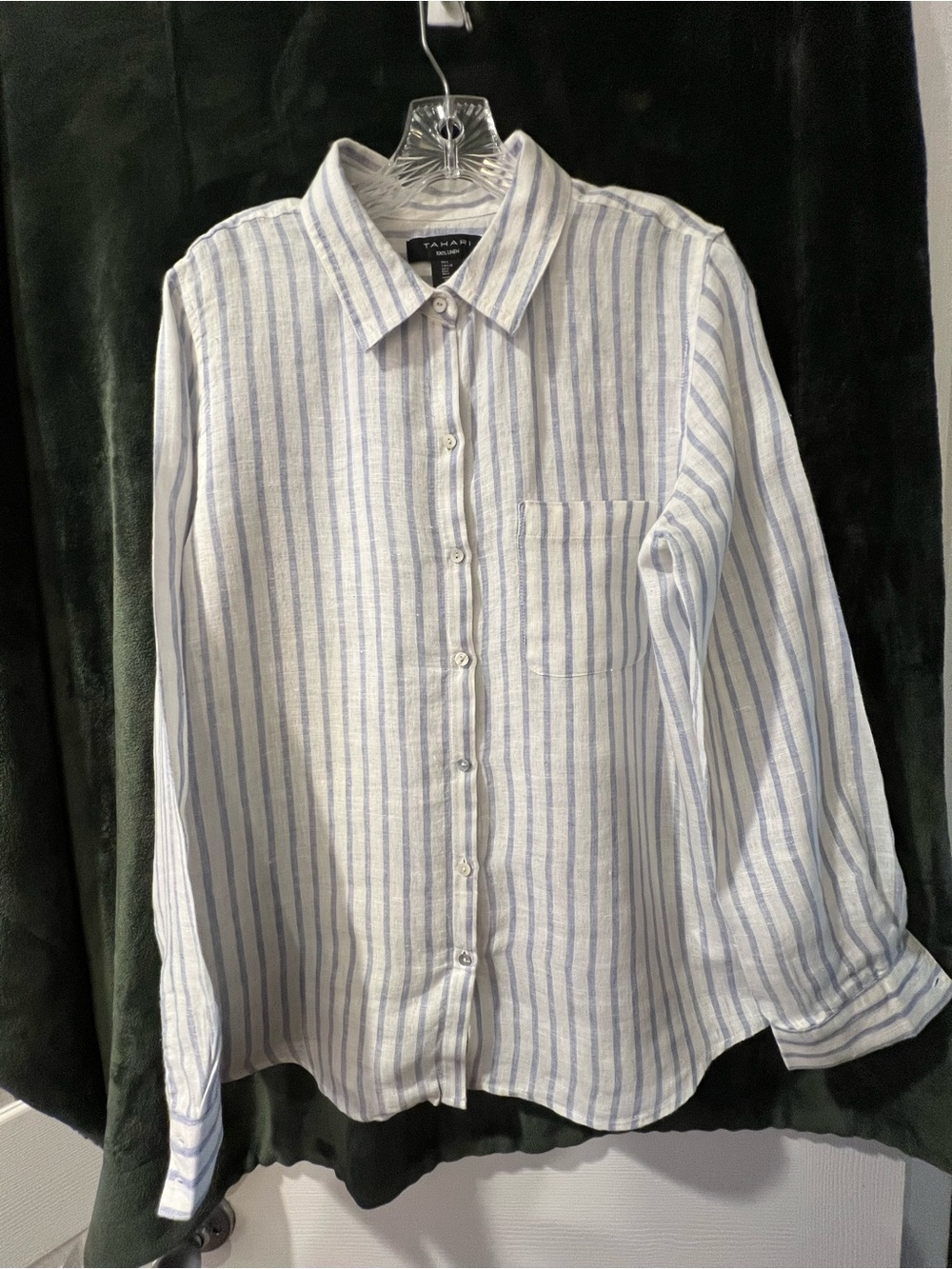 Classic Summer White and Light Blue Striped Button-Down Shirt..Tahari